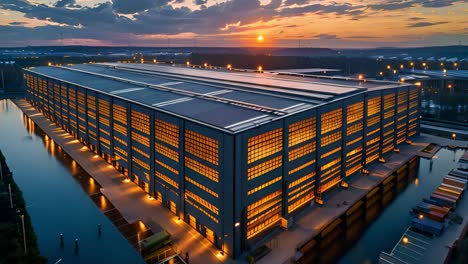 aerial view of a modern industrial warehouse at sunset