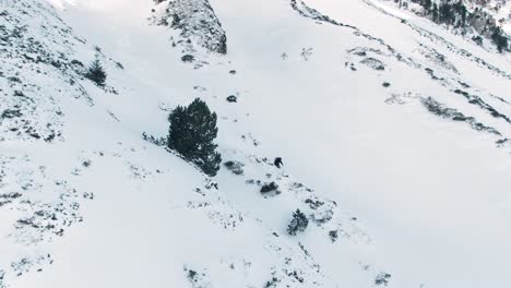 Drohnen-Parallaxenaufnahme-Eines-Skifahrers,-Der-Abseits-Der-Piste-Einen-Schneebedeckten-Berg-Hinunterfährt