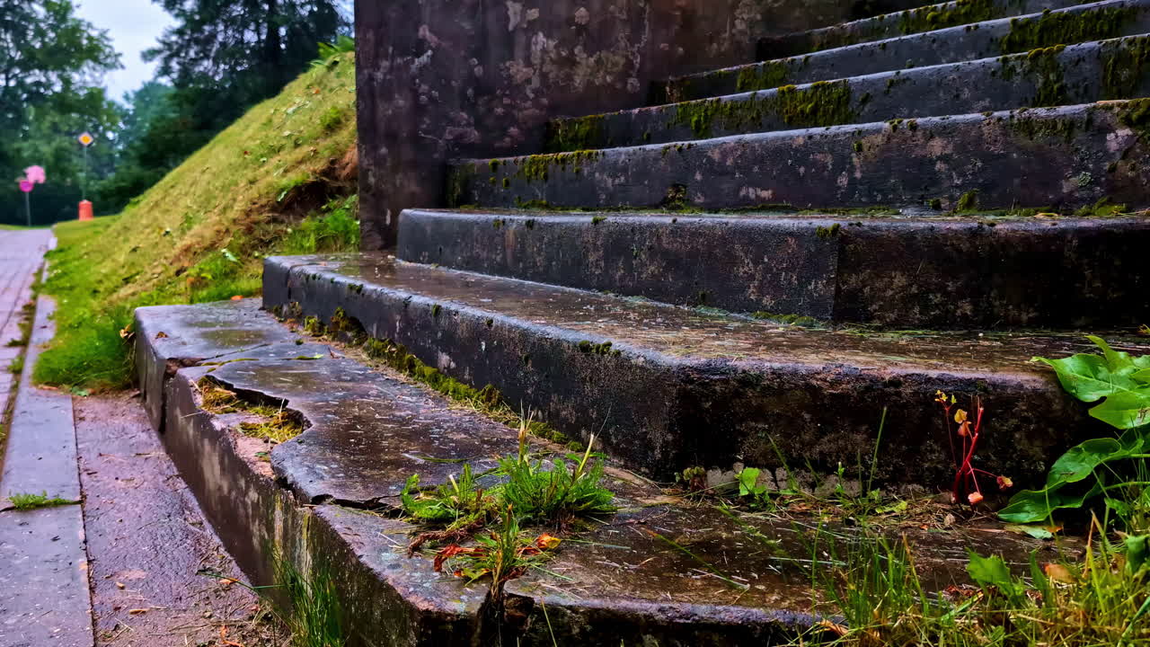 Old Concrete Steps Covered In Moss and Grass After Rainfall in Low Angle Closeup