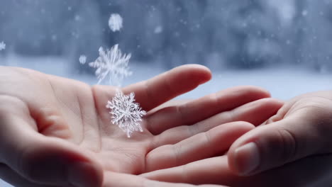 hands holding delicate snowflakes in winter