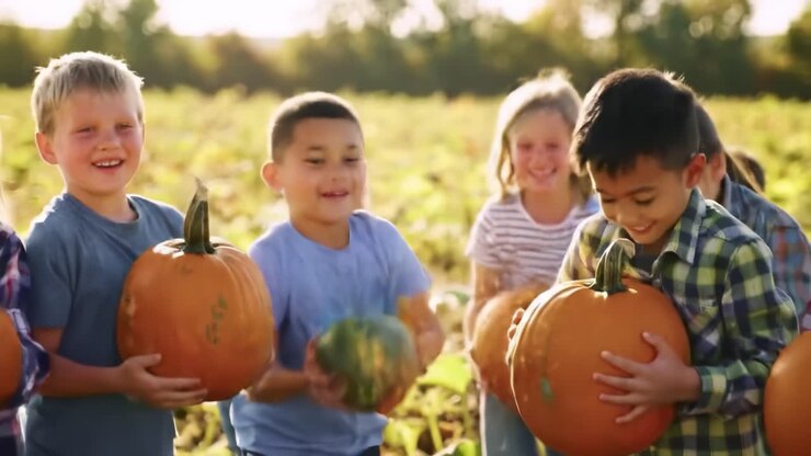 Joyful Children Enjoying a Pumpkin Harvest as They Play in a Sunlit Field Surrounded by Bountiful Vegetables and Celebrate the Fall Season Together