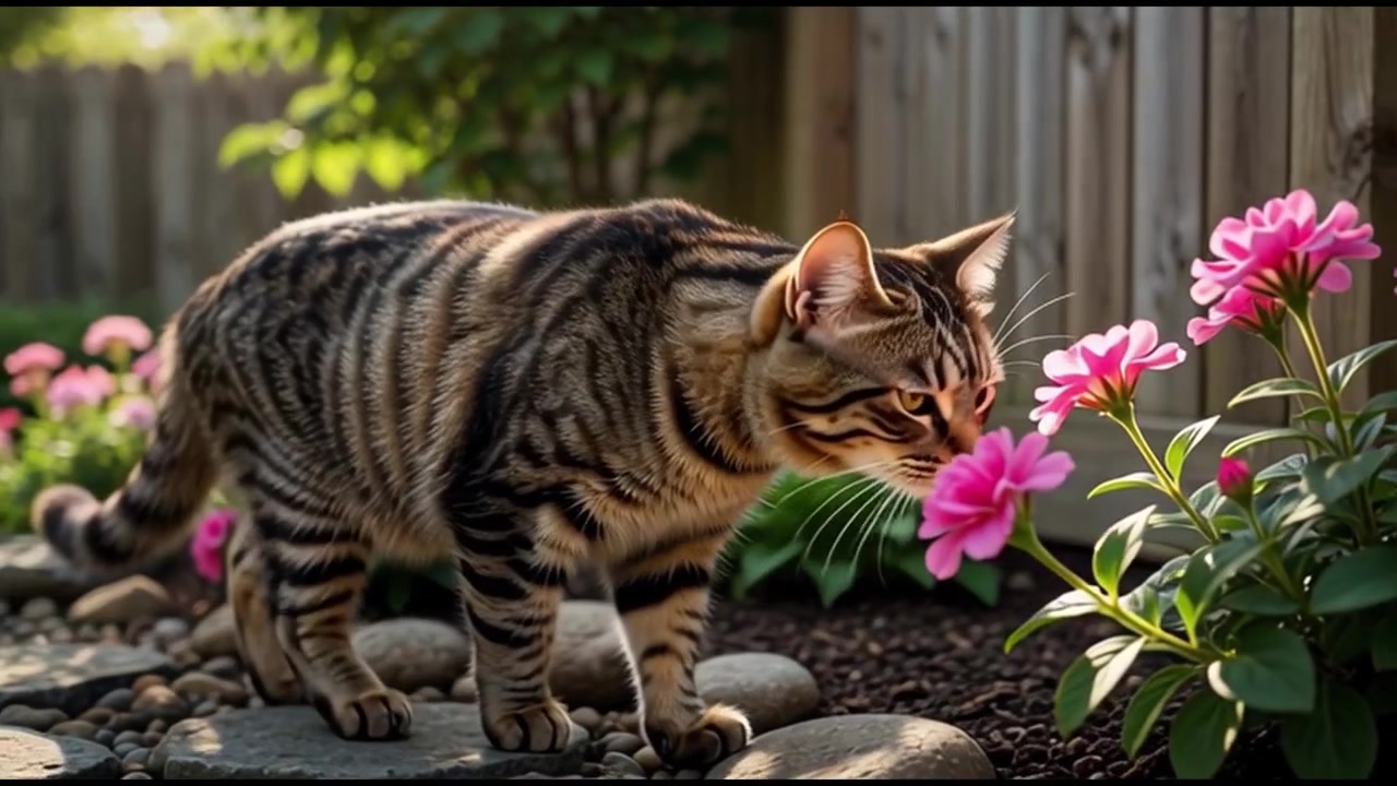 Gatto soriano che cammina e gioca con fiori rosa in un giardino.