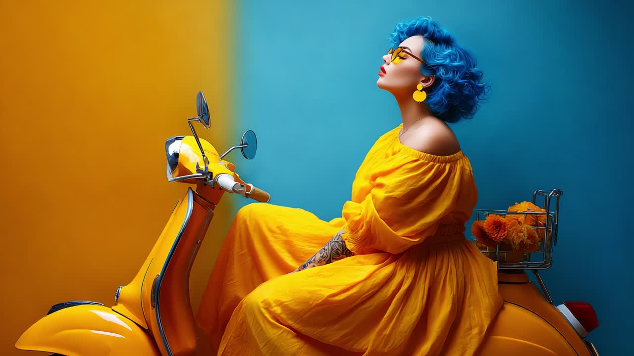 A Vibrant Celebration of Color and Style: A Woman in a Yellow Dress with Blue Hair Poses Gracefully on a Classic Scooter Surrounded by Bright Floral Accents Against a Bold Backdrop