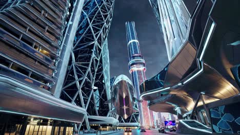 futuristic cityscape at night with flying vehicle