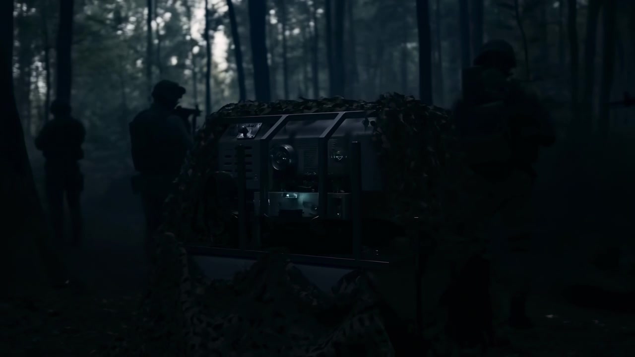 Armed figures hold guarded positions around rugged vehicle hidden by netting, framed frontally among tall woodland trunks, with tense low light, deep shadow, and secretive military atmosphere