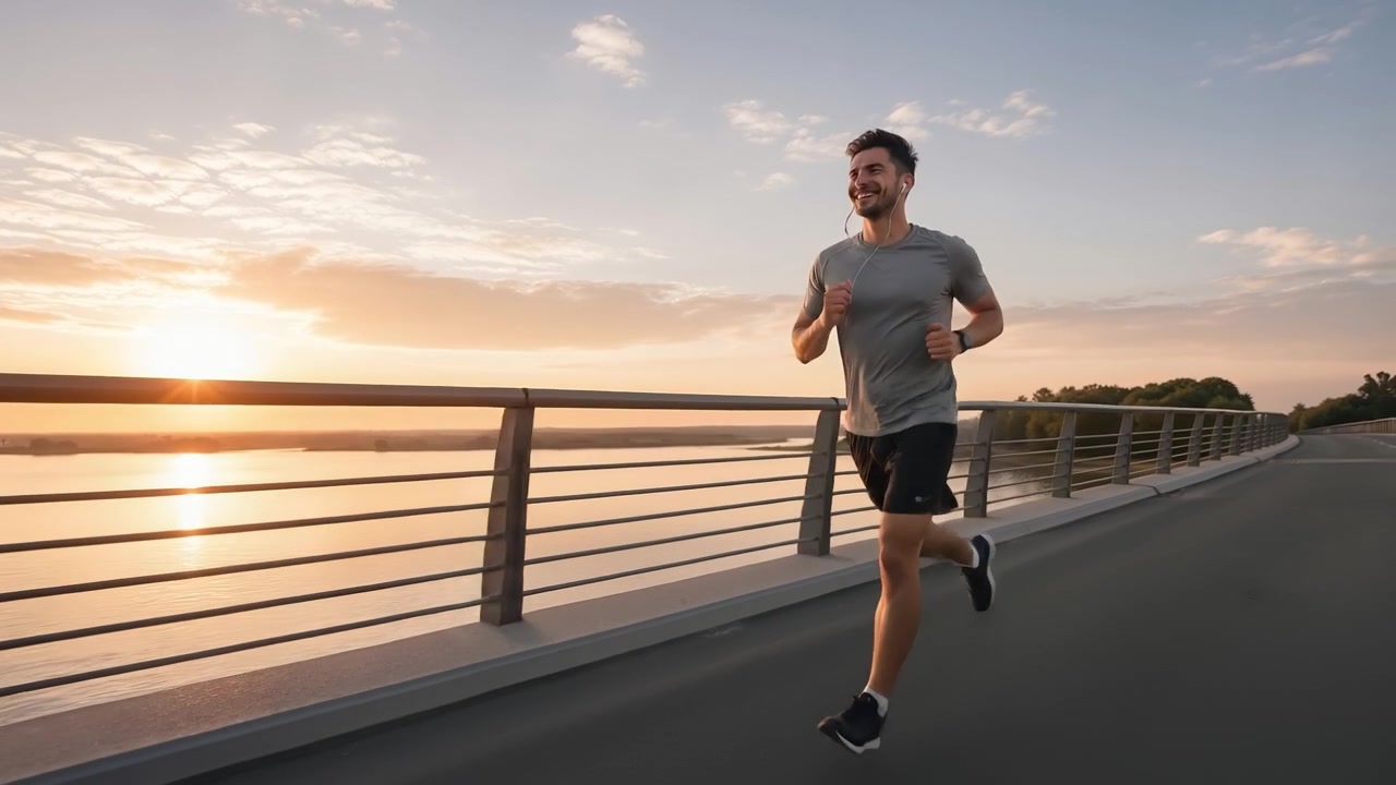 Giovane uomo sorridente che fa jogging su un ponte al tramonto mentre ascolta musica con auricolari wireless.