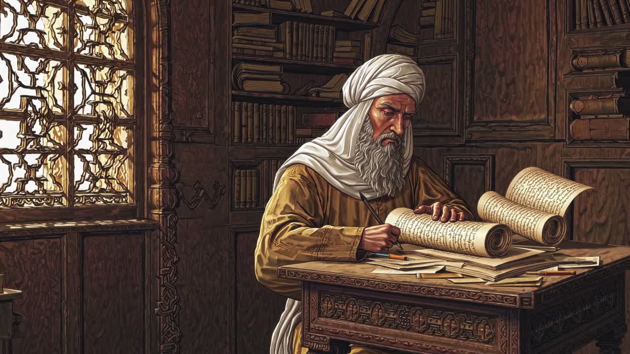 A scholarly scene in warm tones, captured from a side angle. An elderly man studies ancient texts