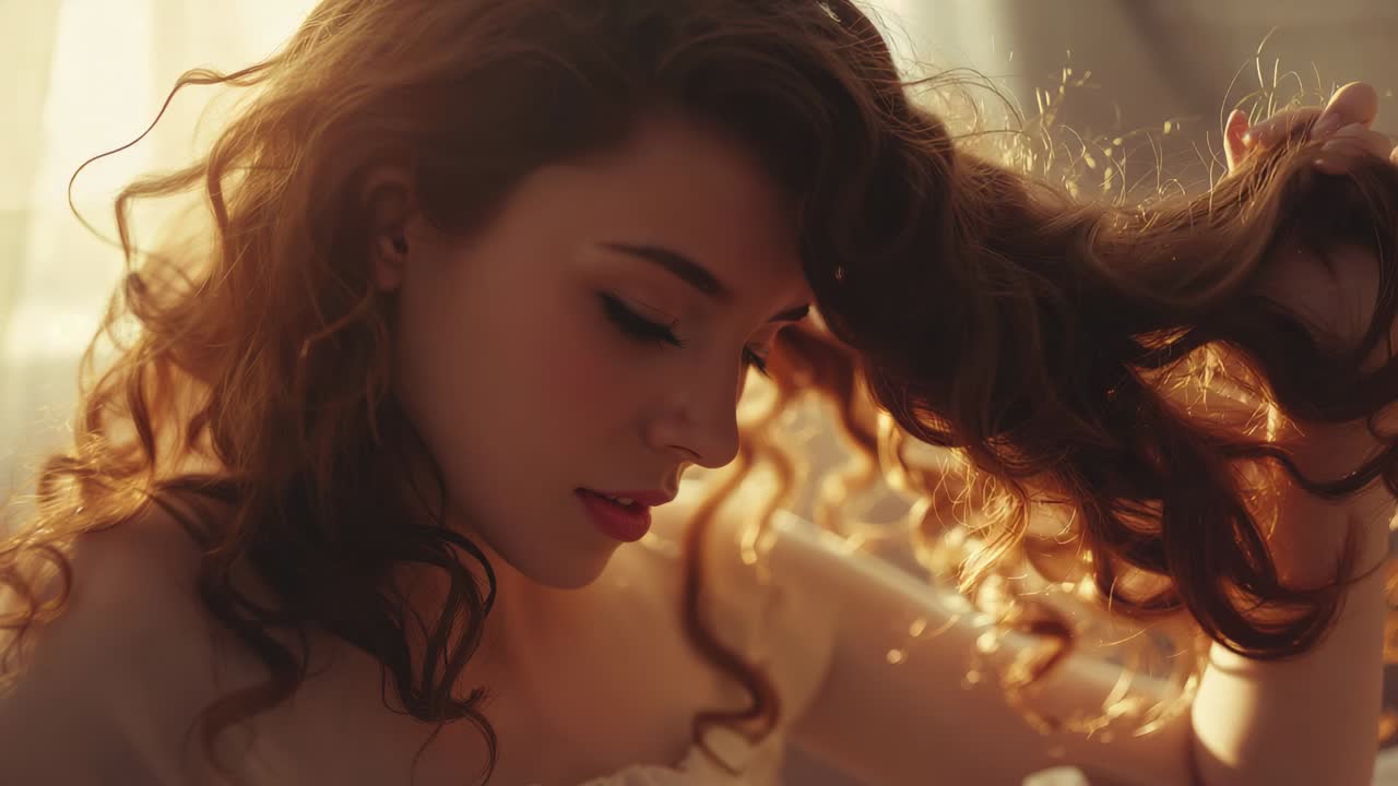 Noticing sunlight rim-lighting curls, woman gathering curl by window with sheer curtains, strapless