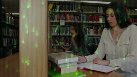 binary code animation over students studying in school library