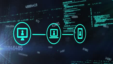 animación de números cambiantes, red de iconos digitales, punto de luz y procesamiento de datos