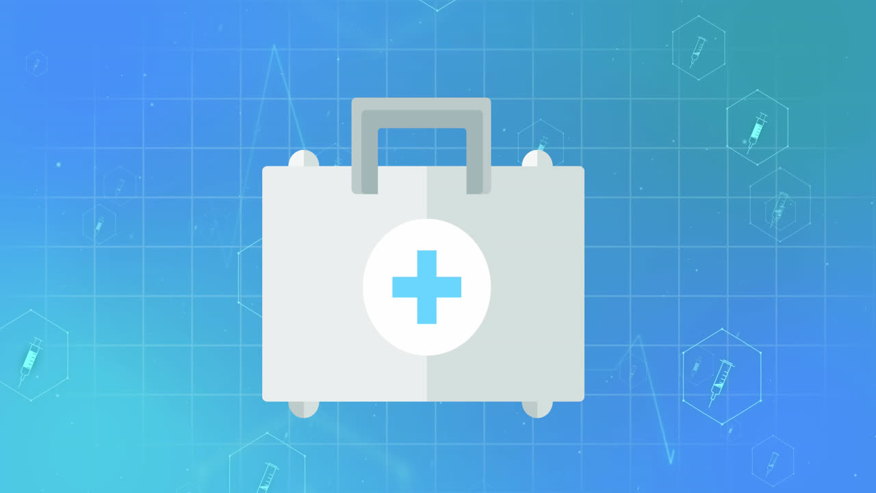 Animation of medical icons and medical kit on blue background