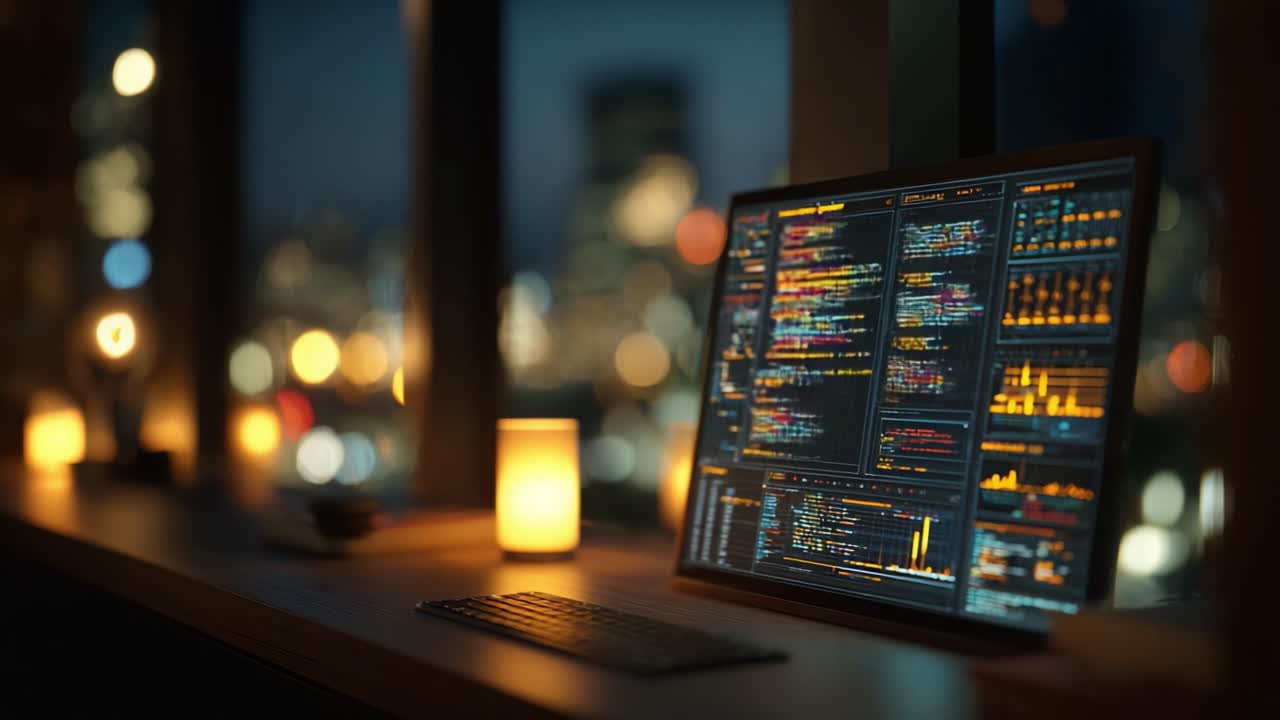A Glimpse into a High-Tech Workspace: Advanced Display Monitoring Analytics at Night with Soft Lighting and Urban Views