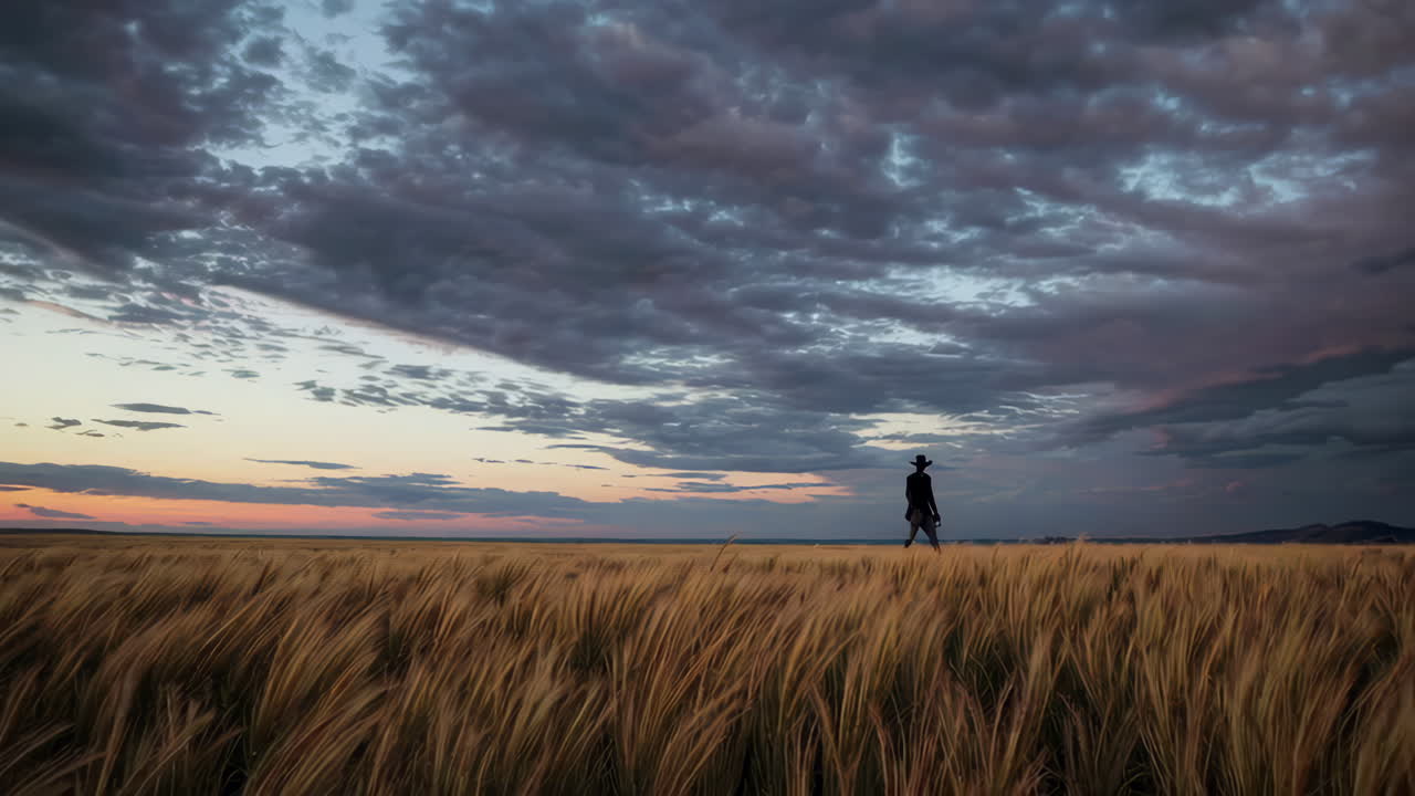 silueta de una persona caminando en un campo de trigo dorado al atardecer