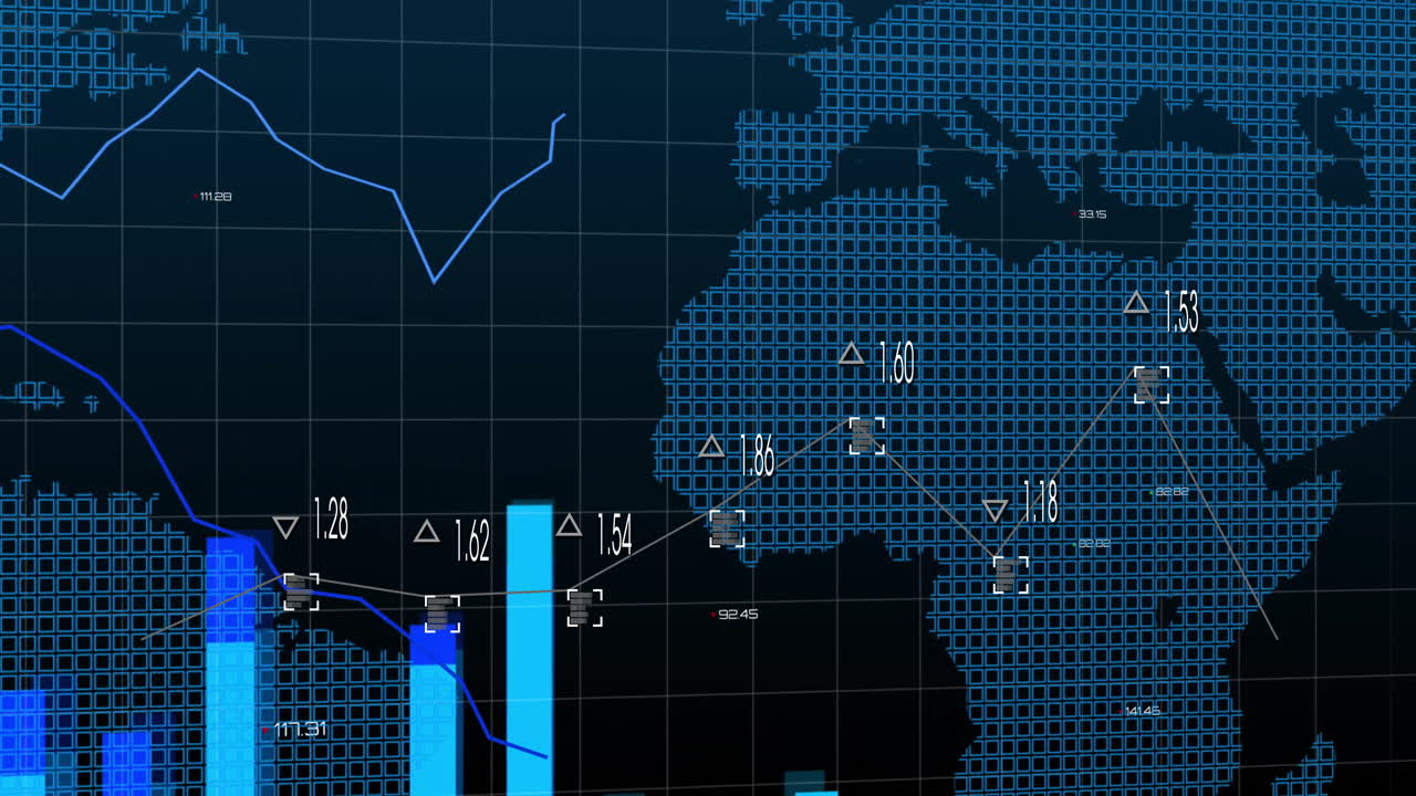 Digital map overlaying data charts and graphs of Europe and Africa continents