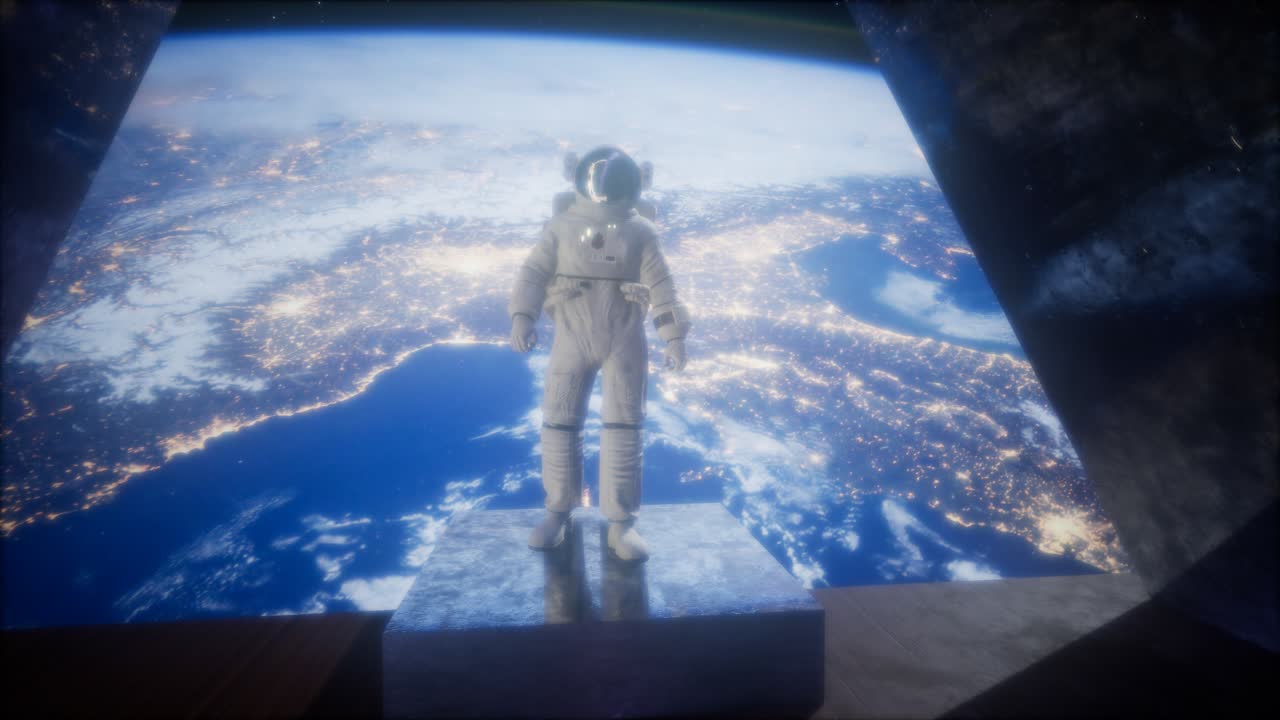 astronauta en la estación de observatorio espacial cerca de la tierra