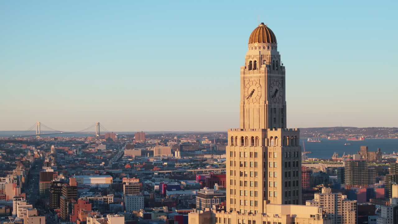 Aerial view of One Hanson Place aka The Brooklyn Clock Tower. Shot at sunrise in Fort Greene.