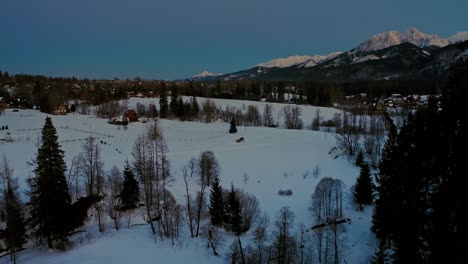 Aerial-Drone-landscape-during-blue-hour-with-Traditional-Polish-Horse-Sleigh-ride