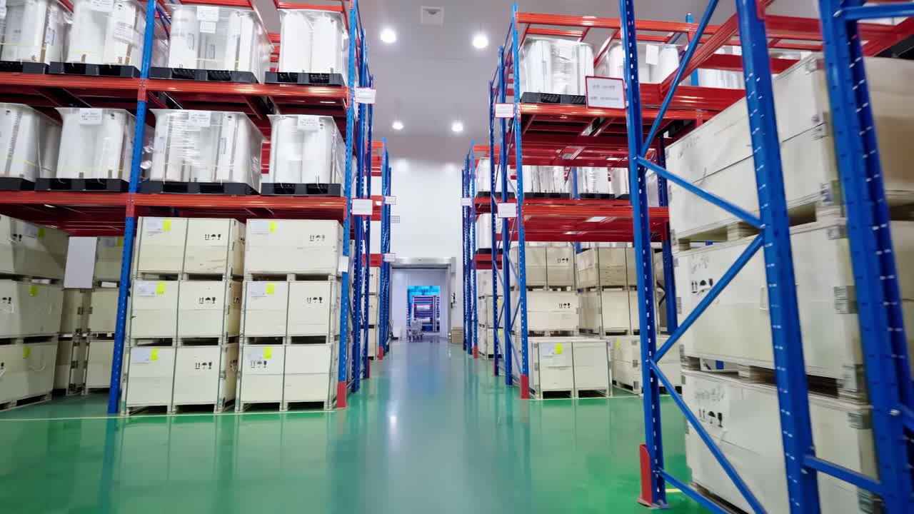 Logistics and transportation, Product distribution center, a large warehouse with rows of shelves stocked with goods on pallets