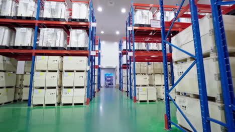 logistics and transportation, product distribution center, a large warehouse with rows of shelves stocked with goods on pallets