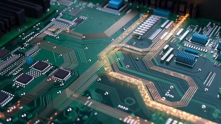 Nærbillede af et grønt printkort dækket af metalliske baner og små elektroniske komponenter, med varme glødende linjer og bløde refleksioner, der skaber en