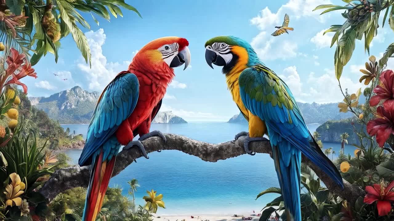 Two Colorful Macaws Perched Above a Tropical Beach