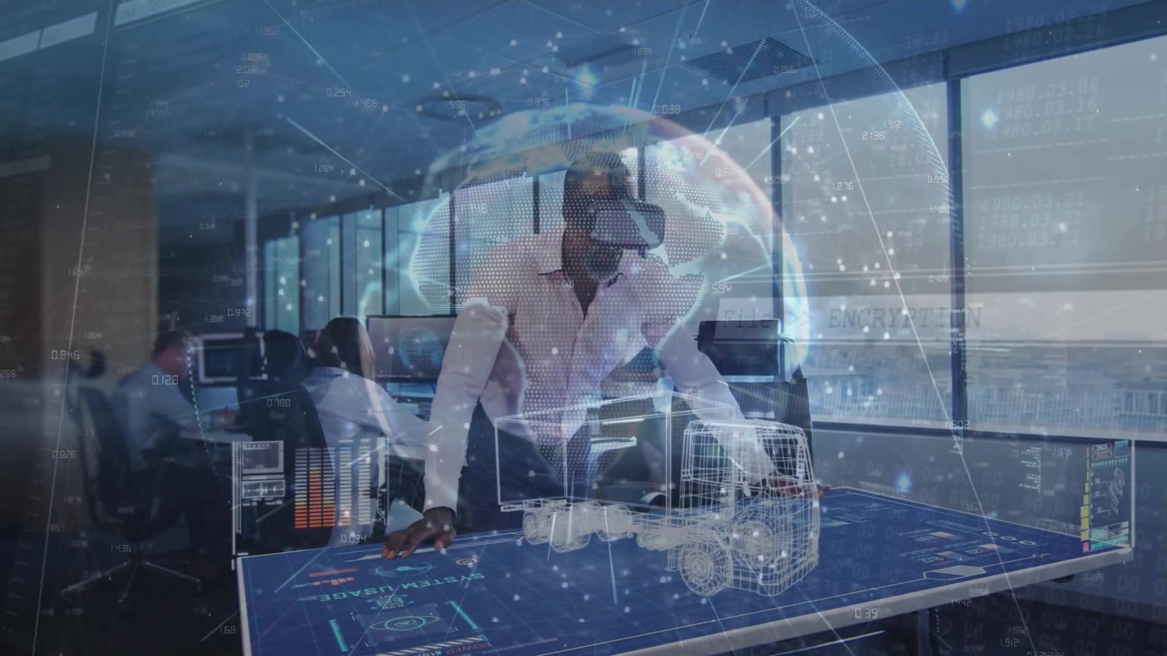 Engineer putting on VR headset creating holographic globe while rotating 3D truck model for design