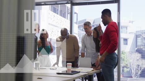 animation of financial data processing over diverse business people in office