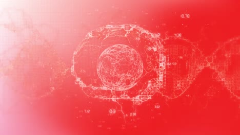 Animation-of-globe-and-brain-rotating-on-red-background