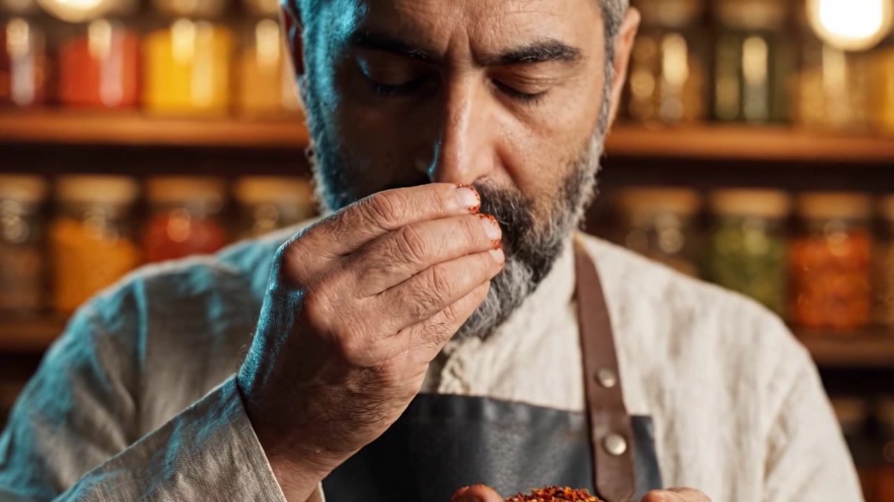 Un artesano culinario selecciona cuidadosamente especias para realzar los sabores, mostrando el arte de cocinar con énfasis en ingredientes de calidad y pasión por el sabor.