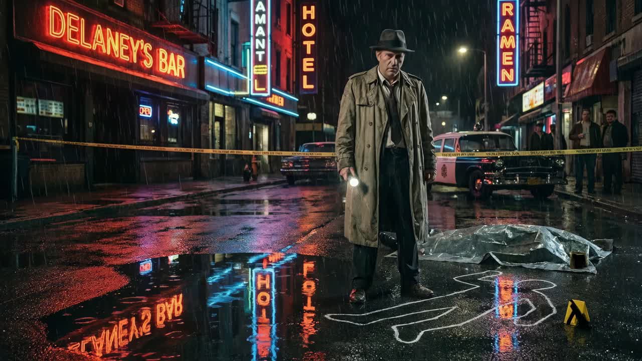 Noir Detective Investigating a Crime Scene in the Rain