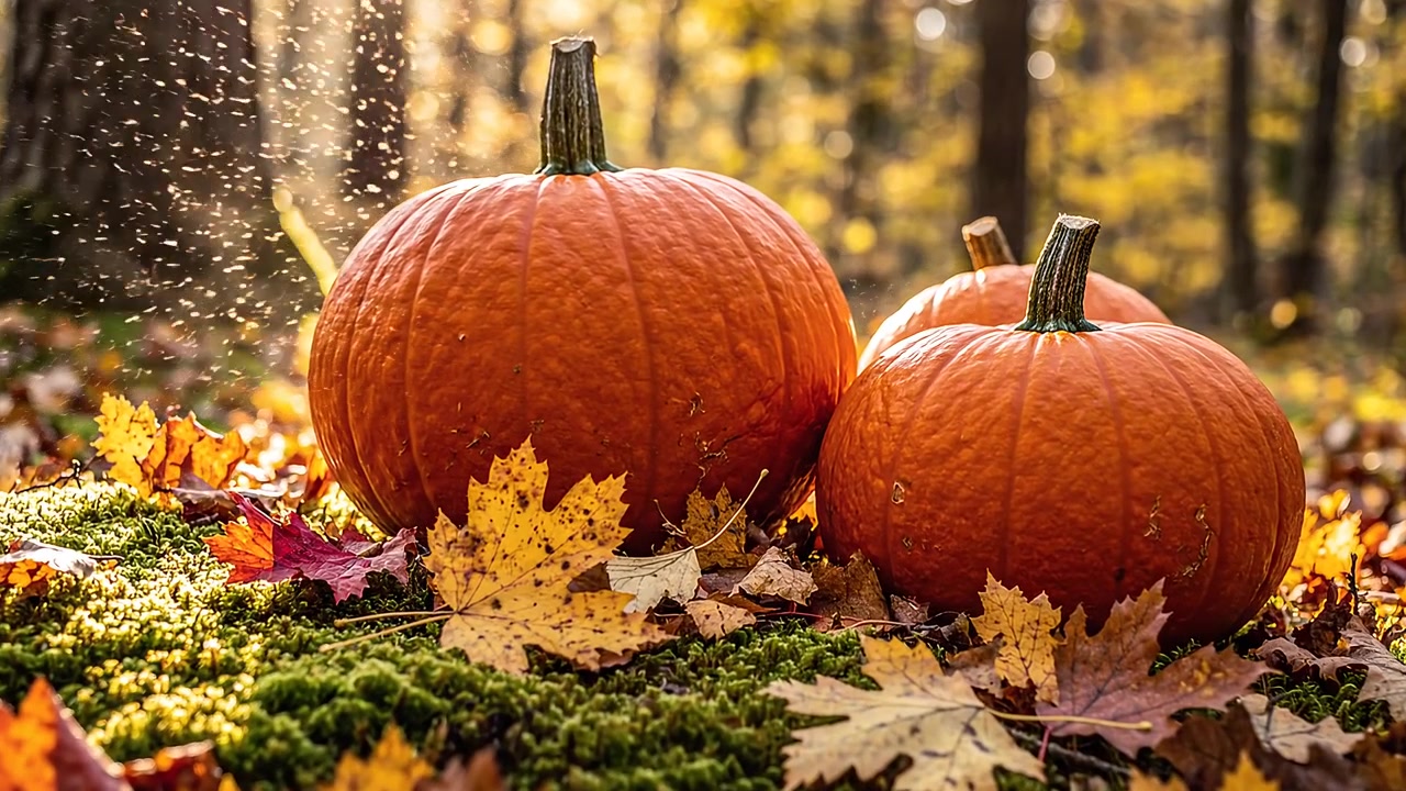 Vibrant orange pumpkins on autumn leaves in a golden forest