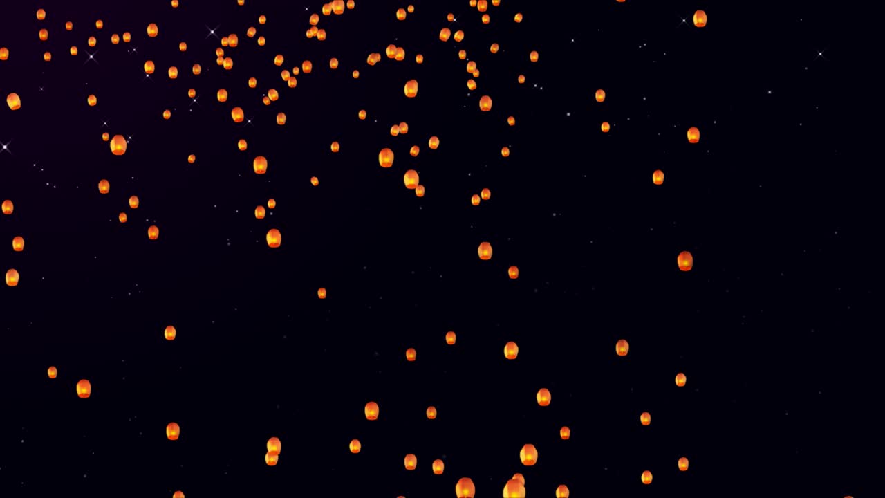 Paper lanterns floating into the sky realistic illuminated oil lamps on blurred bokeh background for