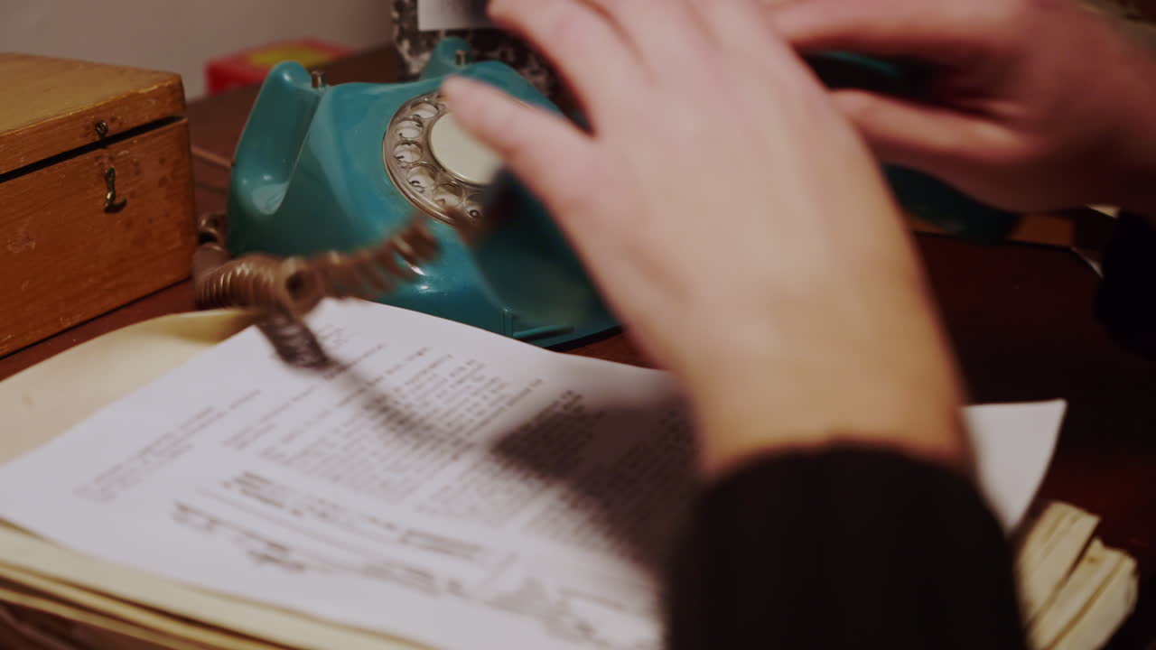 Nærbillede af papirarbejde, der undersøges på et skrivebord, før en hånd løfter en gammeldags drejetelefon for at foretage et opkald. Velegnet til efterforskning, journalistik, overvågning eller historiske kriminalitetstemaer.