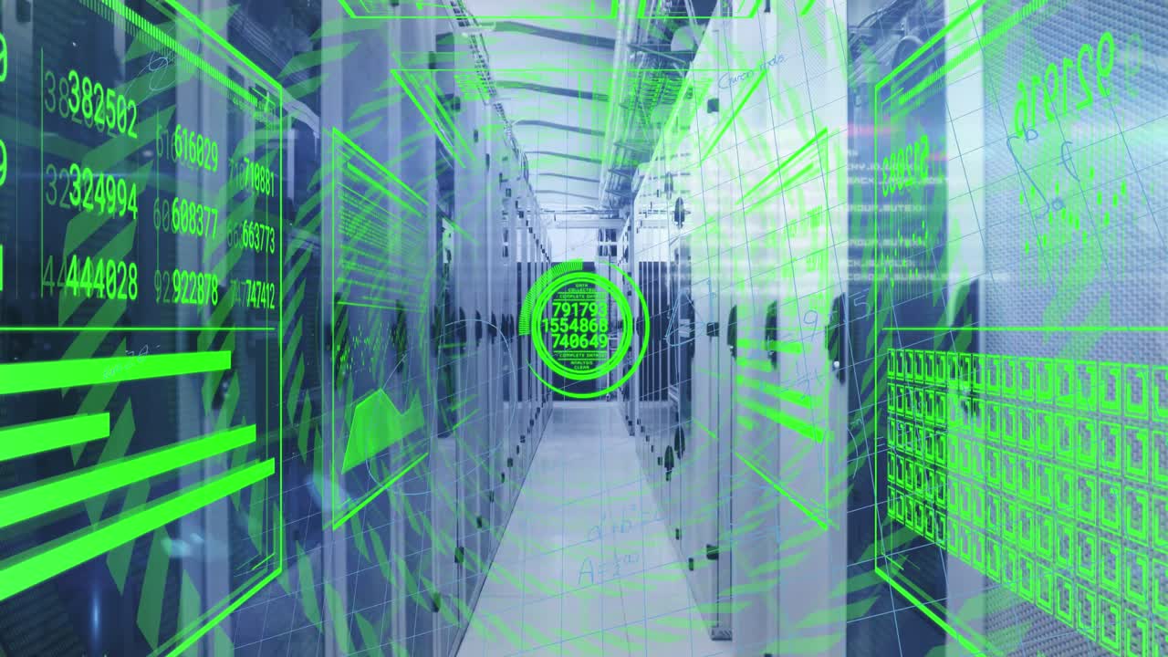 animación de la interfaz con procesamiento de datos y ecuaciones matemáticas contra la sala de servidores