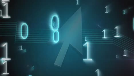 animación digital del procesamiento de datos de codificación binaria contra iconos de flecha y rastros de luz en el fondo azul