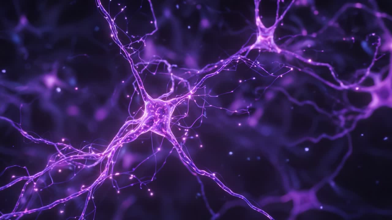 A mesmerizing visualization of neural networks showcasing intricate connections between neurons, pulsating with vibrant purple hues that symbolize active synaptic communication and intricate brain functions