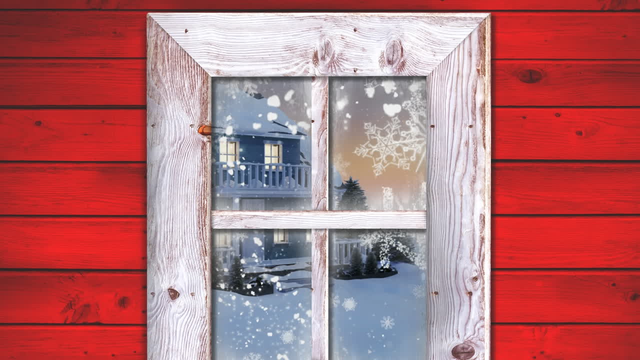 Wooden window frame against happy holidays text and snow falling over winter landscape