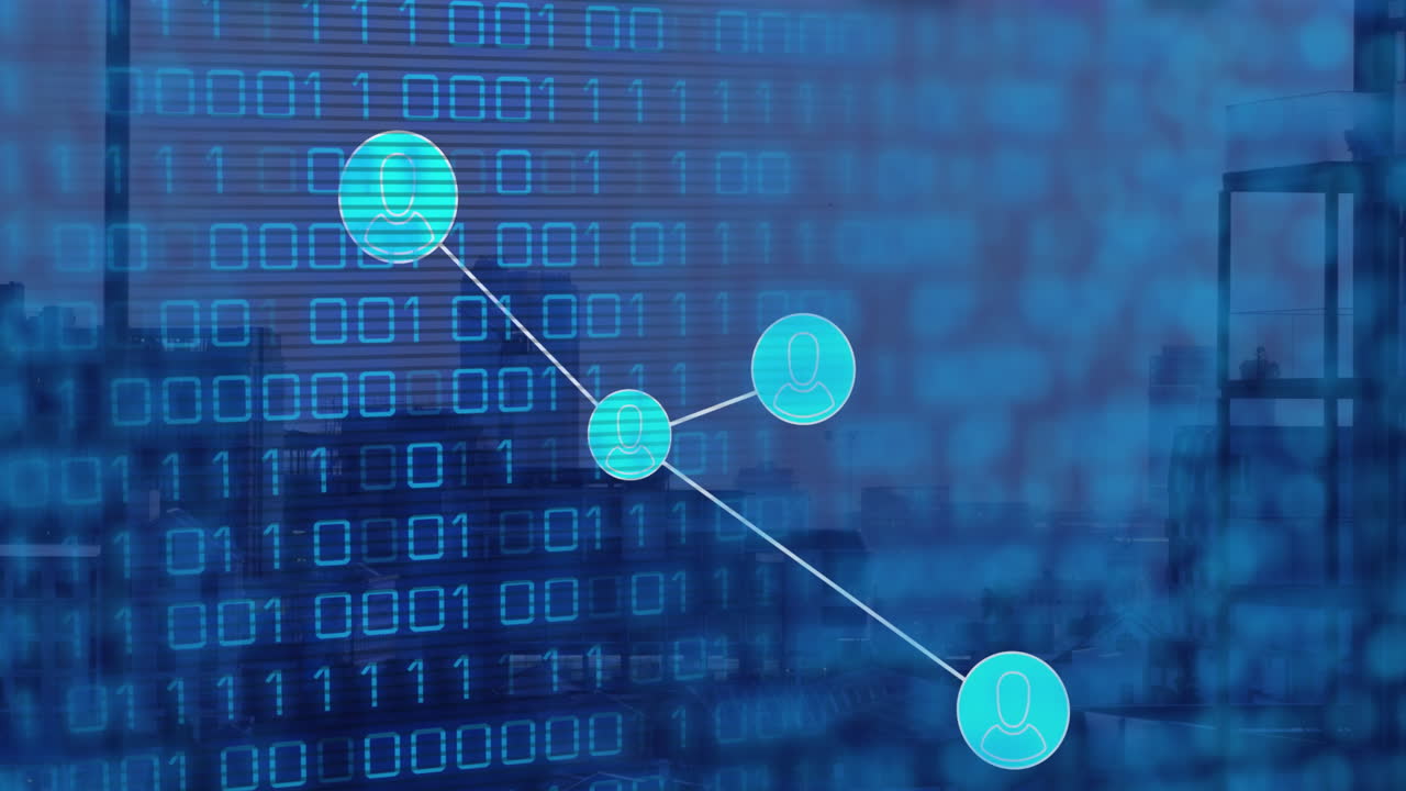 animación de la red de iconos de perfil y codificación binaria contra la vista aérea del paisaje urbano.