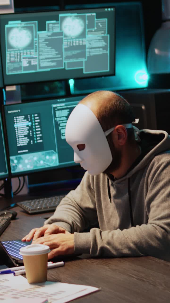 Vertikal video: Cyber-bedrager med maske, der hacker databaseservere