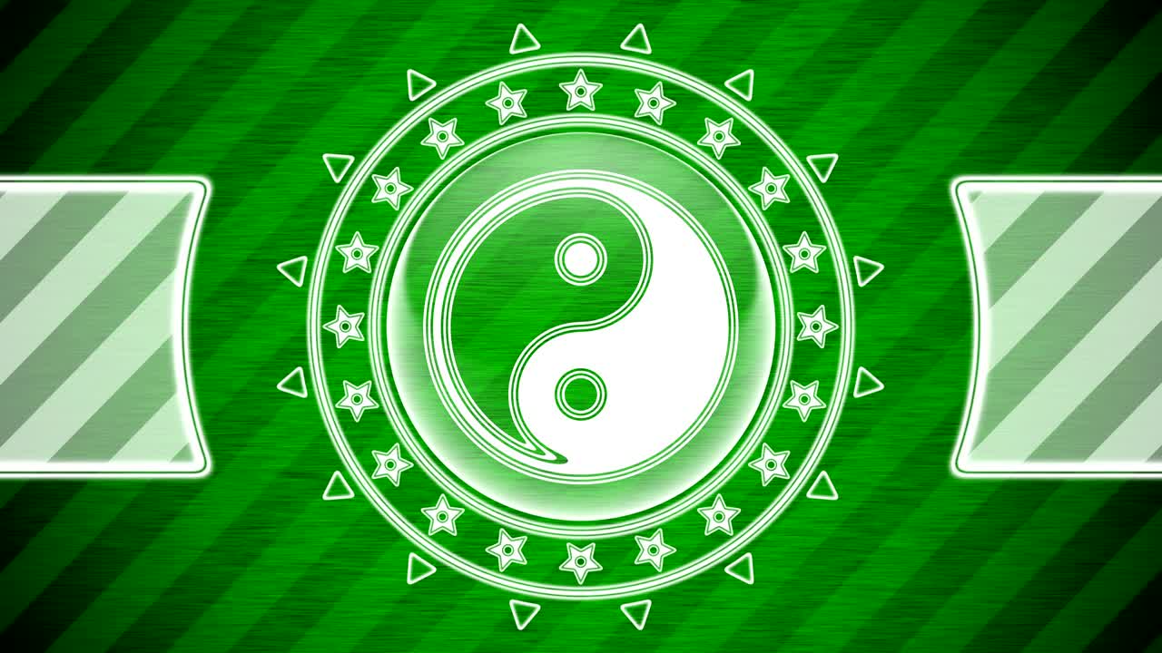 icono de ying-yang en forma de círculo y fondo a rayas verdes. ilustración.