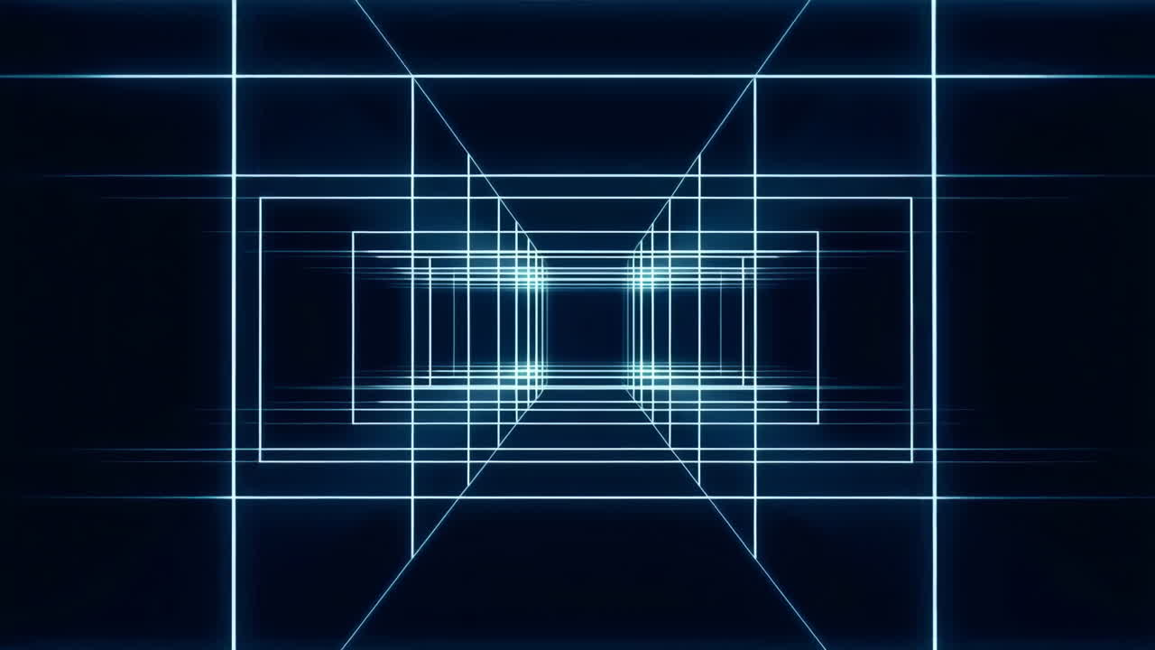 Neon Grid Tunnel With Converging Lines Creating Immersive Futuristic Corridor, Cool Blue Glow, Precise