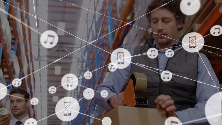 Animation of network of connections over two caucasian warehouse workers