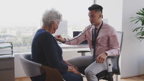 male doctor in hospital office listening to senior female patients chest using stethoscope