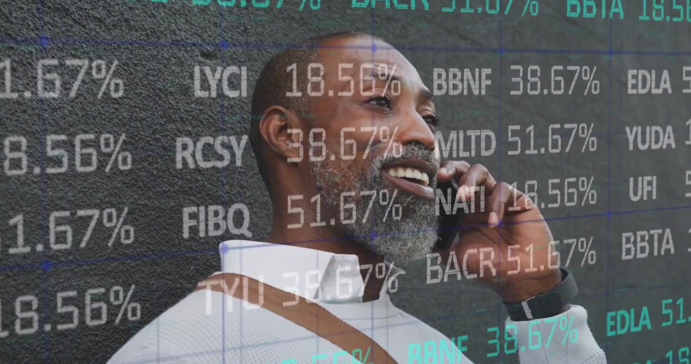 Animation of trading board, map over african american man talking on cellphone and drinking coffee