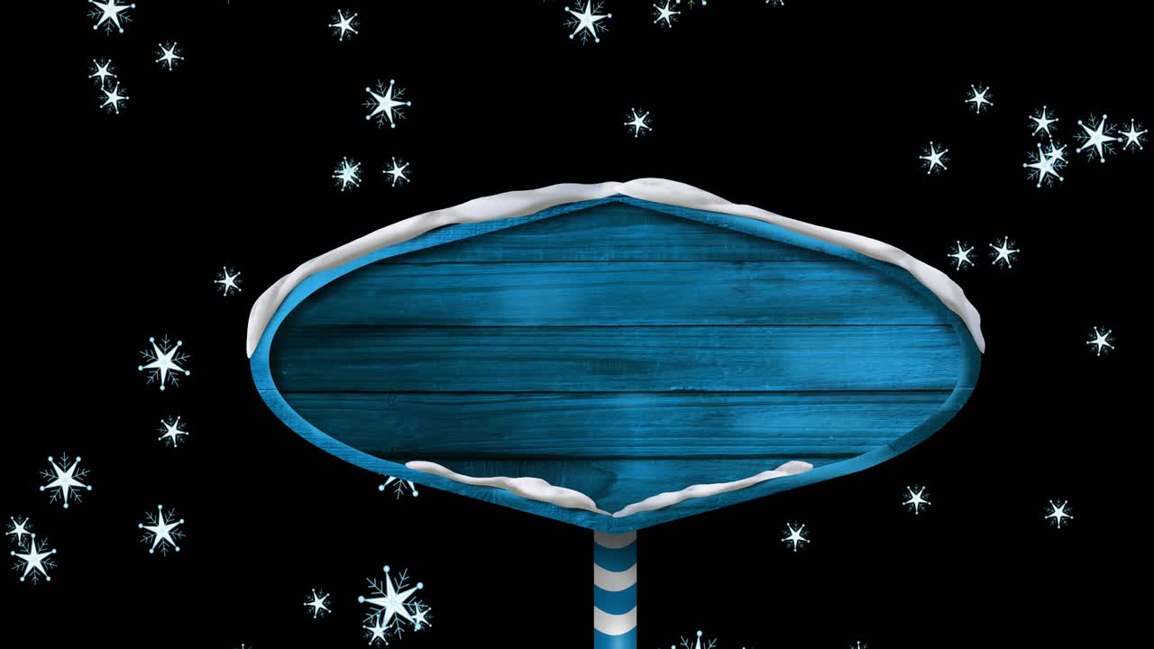 animazione di un cartello in legno con spazio di copia sopra la neve che cade