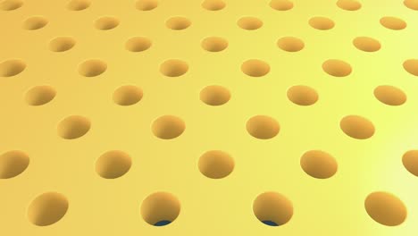 colorful spheres jump from one hole to another. yellow surface with holes and bouncing balls. 3d looped animation abstract render. fun motion design