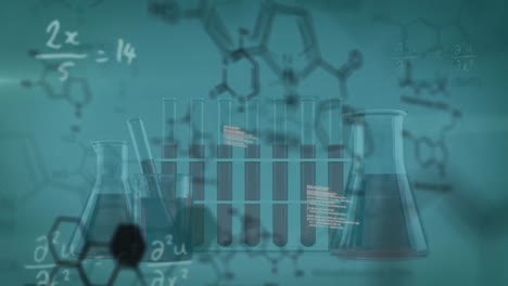 Animation-of-chemical-structures-and-mathematical-equations-over-close-up-of-test-tubes-and-flasks