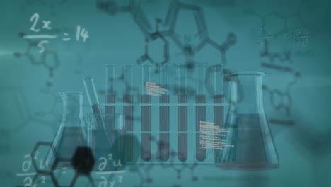 animación de estructuras químicas y ecuaciones matemáticas en primer plano de tubos de ensayo y frascos.