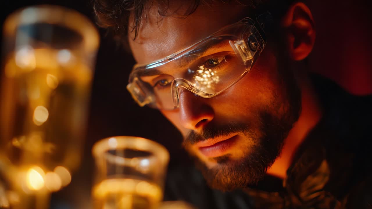 Intense Focus in a Laboratory: A Close-Up of a Scientist Analyzing Intricate Chemical Reactions Through Glassware, Highlighting Precision, Safety Gear, and the Intricate Nature of Scientific Discovery