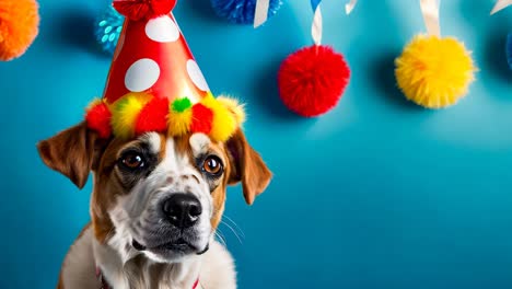 a dog wearing a party hat with pom poms on it's head